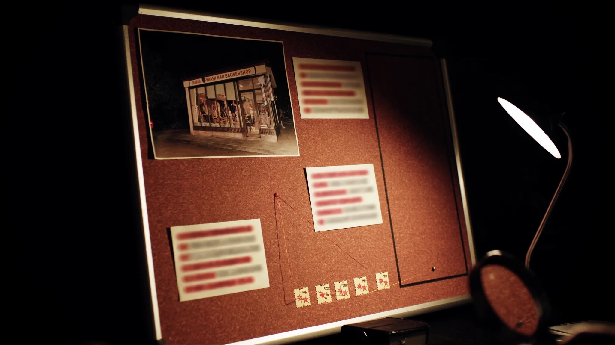 A case file pinned to a corkboard under a desk lamp: a photo of a Miami barbershop, notes, and a row of five stars. The profile the AI assembles before recommending a business.