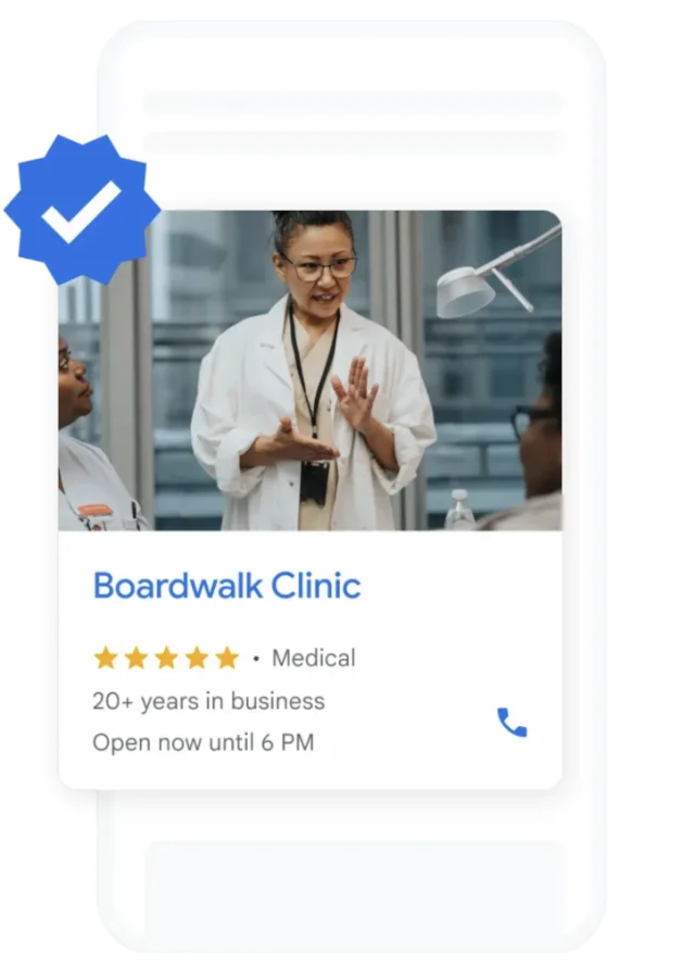 Google Business Profile card for Boardwalk Clinic, a verified medical practice: five stars, 20+ years in business, open now until 6 PM.
