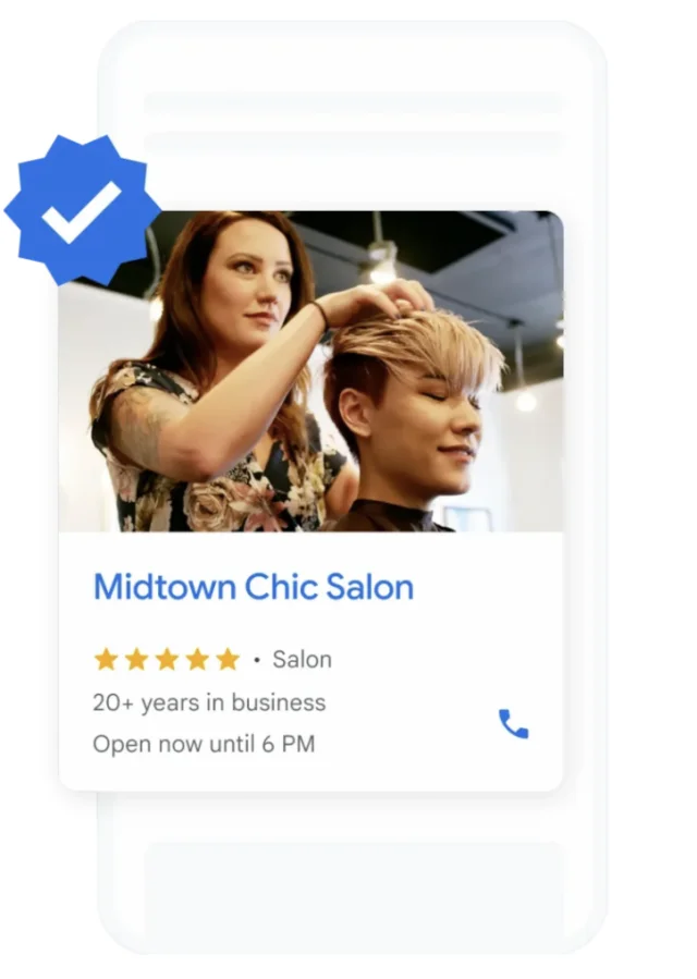 Google Business Profile card for Midtown Chic Salon, a verified salon: five stars, 20+ years in business, open now until 6 PM.