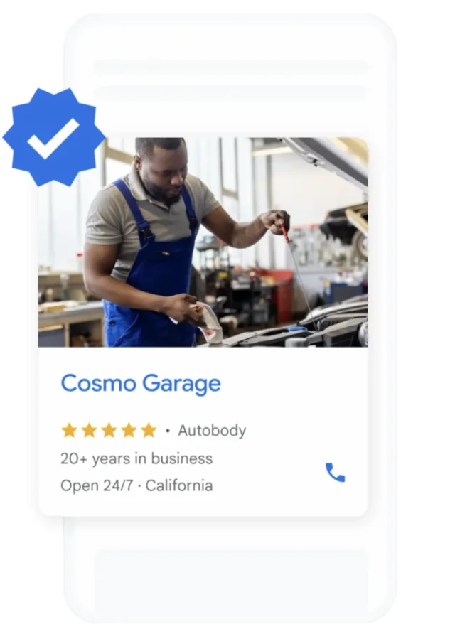 Google Business Profile card for Cosmo Garage, a verified autobody shop: five stars, 20+ years in business, open 24/7.