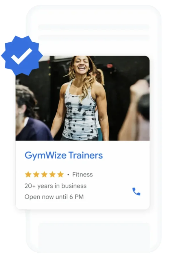 Google Business Profile card for GymWize Trainers, a verified fitness business: five stars, 20+ years in business, open now until 6 PM.