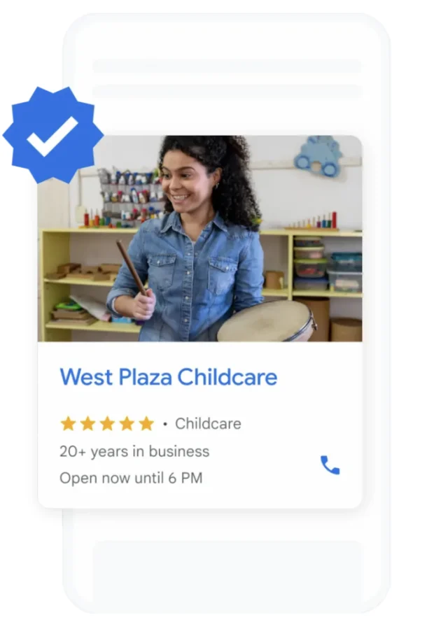 Google Business Profile card for West Plaza Childcare, a verified childcare business: five stars, 20+ years in business, open now until 6 PM.