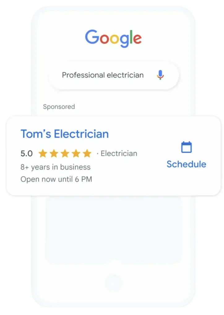 A Google search for professional electrician on a phone, showing a local business card with a 5.0 star rating, 8+ years in business, and opening hours.