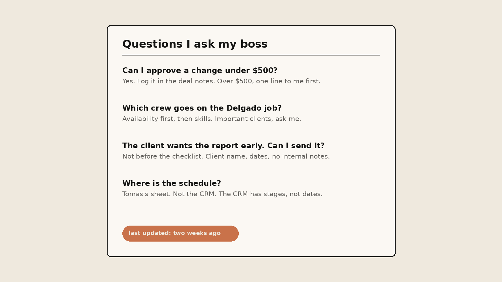 A one-page document titled Questions I ask my boss, four questions with plain answers, one of them a spending threshold