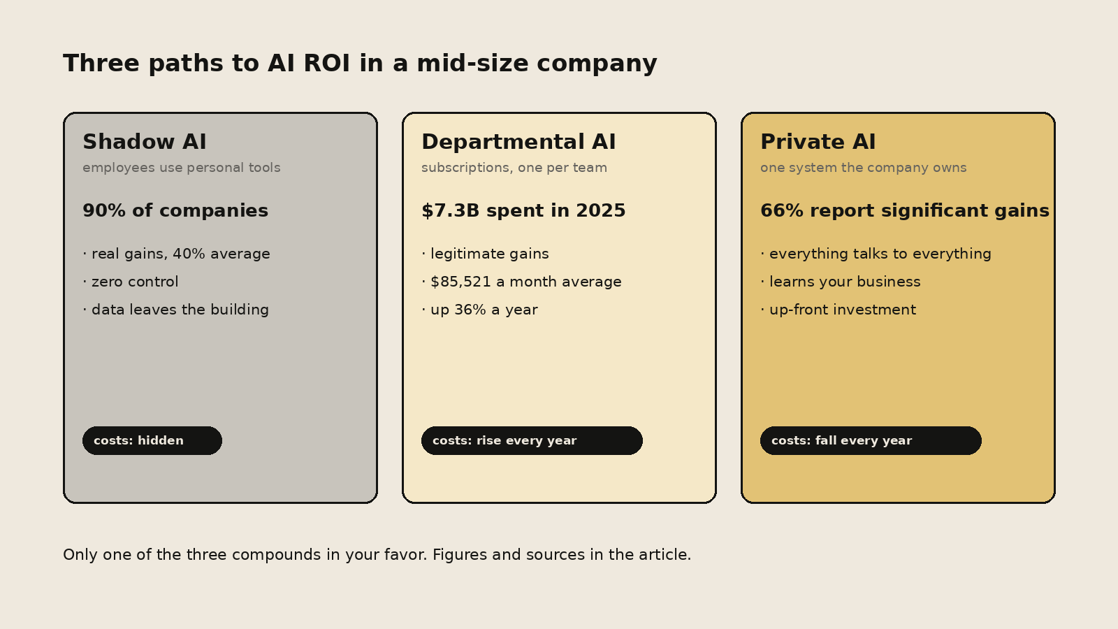 Three paths to AI in a mid-size company laid side by side. Shadow AI, employees using personal tools. Departmental AI, subscriptions per team. Private AI, one system the company owns. Each with its cost direction over time